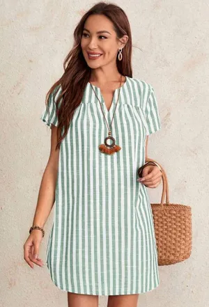 Emery Rose NWT Green White Nautical Striped Notched Collar Boxy Sundress Large thumbnail 1
