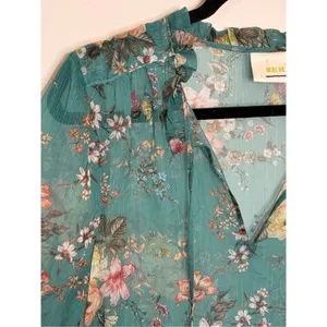 Anthropologie Maeve Emmy Teal Green Floral Printed Puff Sleeve Tunic Dress M thumbnail 2