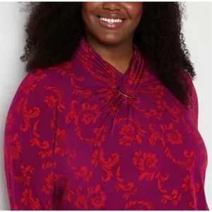 NWT‎ LIZ CLAIBORNE Women’s Career Blouse 3X Magenta Scroll Long Sleeve Stretch thumbnail 2