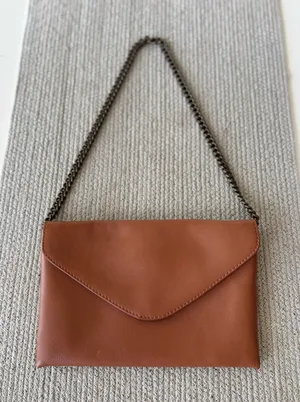 J. Crew Leather Envelope Clutch in Cognac Brown with Aged Brass Chain Strap thumbnail 1