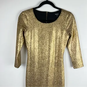 XOXO Gold Metallic Textured 3/4 Sleeve Bodycon Midi Dress Size S thumbnail 9