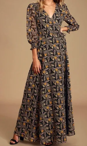Lulus Black And Yellow Wrap Dress thumbnail 1