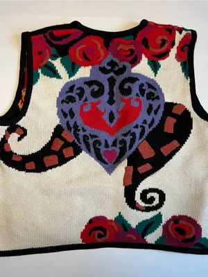 Vintage Lisa Nichols Marisa Christina Heart Rose Knit Sweater Vest Medium Art to thumbnail 8