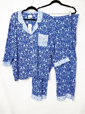 BedHead 3/4 Sleeve Classic PJ Set Bloomscape Blue Bird Floral Cropped Pajama Set thumbnail 3