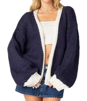 Edikted Contrast Chunky Knit Cardigan Womens XS/S Navy Ivory Oversized Cozy thumbnail 1