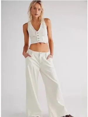 Free People Rider Denim Vest - Cropped Button Front, Ivory, Boho Western size XS thumbnail 2