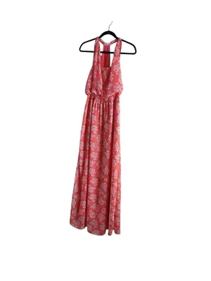 Tulle Coral-Pink Floral Sleeveless Maxi Dress with Waist Tie thumbnail 5
