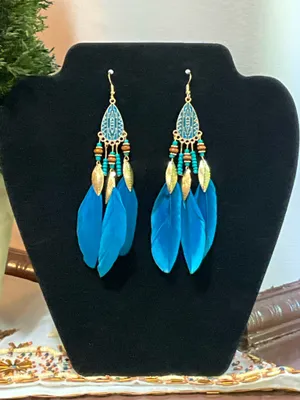 Blue feather earrings with gold accents thumbnail 1