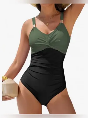 Olive & Black Twist-Front One-Piece Swimsuit thumbnail 1