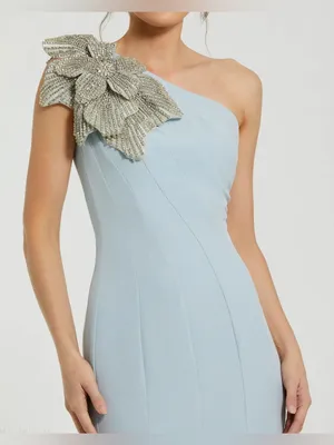 MAC DUGGAL Blue Crepe One Shoulder Gown With Crystal Flower Size 2 thumbnail 2
