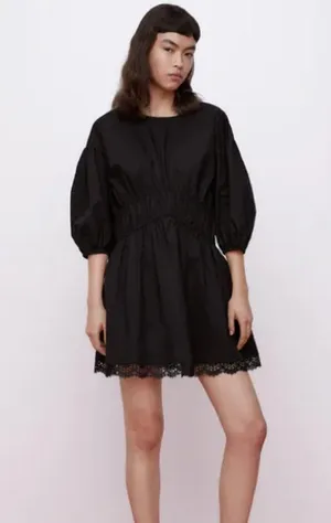Zara Mini DRESS W/ MATCHING LACE TRIM BALOON SLEEVES Black Size XS NEW thumbnail 10