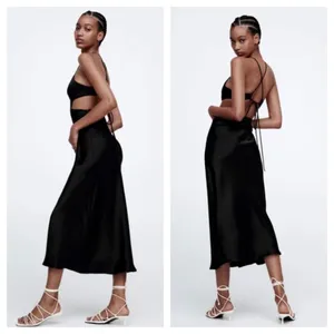 Zara Black Satin Cut Out Slip Maxi Dress Small Tie Back Cocktail Formal Wedding thumbnail 14