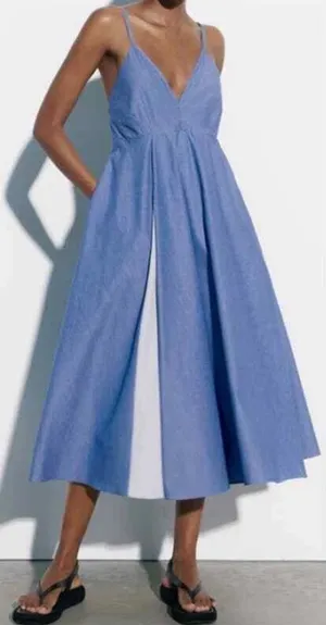 Zara Blue-and-White Panel Spaghetti-Strap Midi Dress thumbnail 1