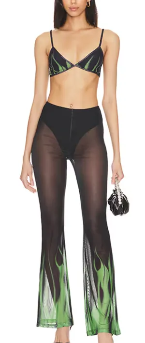 Superdown Black Sheer Flare Pant Set MEDIUM Crop Top Wicked Cochella $88 NEW thumbnail 1
