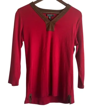Lauren Ralph Lauren Women Preppy Classic Equestrian Top L Red Faux‎ Suede Trim thumbnail 1