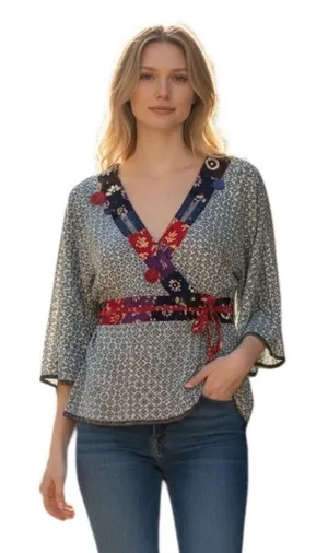 SOMA BY CHICOS BOHO ANASTASIA PELA KIMONO PATCHWORK CROSSOVER TOP BLUE M thumbnail 1