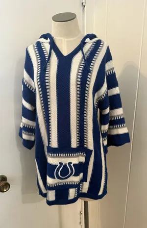 Team Apparel Colts Blue and White Striped V-Neck Hooded Sweater Sz S/M thumbnail 1