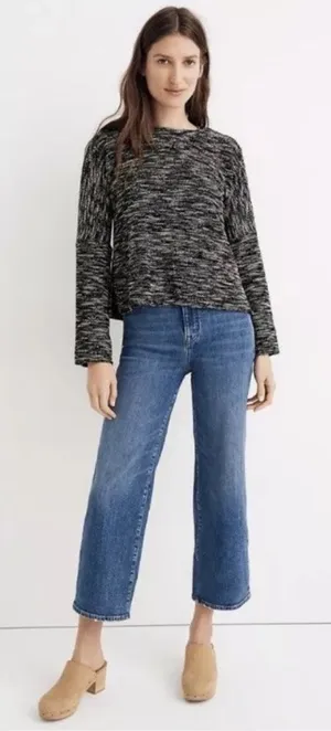 Madewell Womens Button‎ Shoulder Wide Sleeve Black Marbled Sweater thumbnail 1