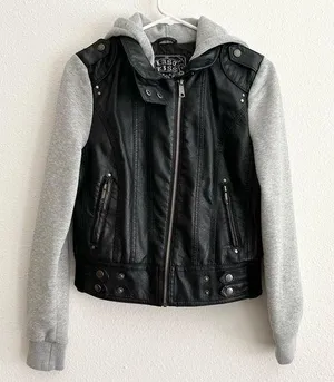 Last Kiss Y2K Black Leather Hybrid Gray Hooded Zip Moto Jacket Size Medium thumbnail 2