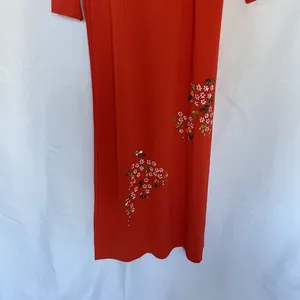 Vintage Floral hand painted Red Maxi Dress‎ Womens XL Long Sleeve high slits thumbnail 3