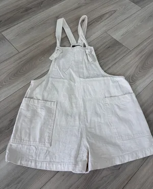 Miou Muse Cream Denim Shortalls Tie Shoulder Overalls Small thumbnail 1
