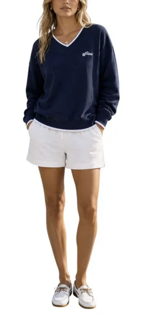 OFFLINE By Aerie Cloud Fleece V-Neck Crew Sweatshirt L Prep Nautical Coastal thumbnail 1