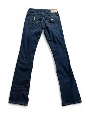 True Religion Dark Blue Boot Cut Jeans with Signature Pocket Stitching thumbnail 3
