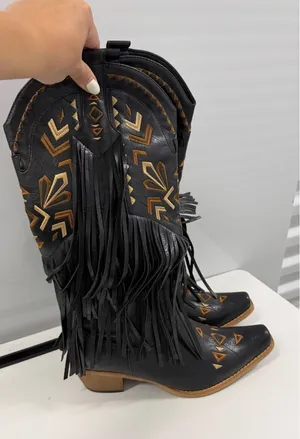 Women's Black Western Fringe Cowboy Boots Embroidered Pointed Toe Block Heel 8.5 thumbnail 1