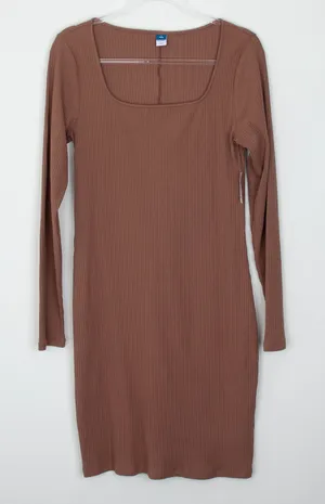 NWT Old Navy Womens Square Neck Ribbed Knit Bodycon Midi Dress Size L Tall Brown thumbnail 1
