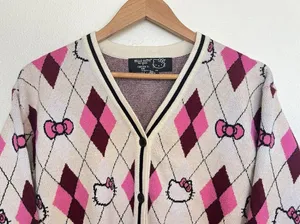 Hello Kitty Argyle Knit Cardigan Sweater Pink Burgundy Preppy Coquette Mall Y2K thumbnail 2