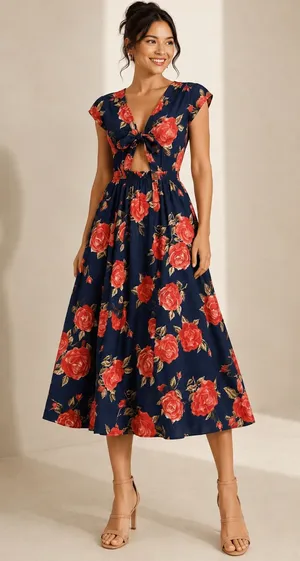 June & Hudson Floral Tie Front‎ Cutout Midi Dress Navy Rose Print Size Large thumbnail 1