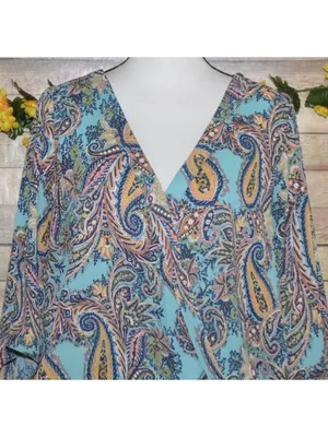 Veronica M. Ladies Paisley Faux Wrap V-Neck Blouse Top Size L Boho Colorful thumbnail 2