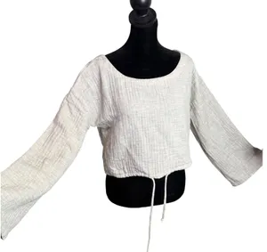 A. Ren Cotton Crinkle Gauze Crop Top Womens S Long Sleeve Drawstring Boho Beige thumbnail 1