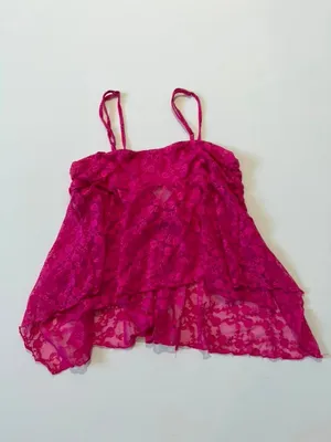 Kimchi Blue Y2K Cute Hot Pink Lace Floral Babydoll Fairy Asymmetrical Cami Top thumbnail 2