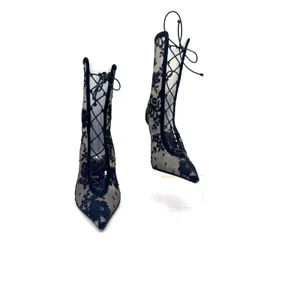 Christian Louboutin KM Lace Booty 100 Black Mesh Floral Lace Boots Sz 39.5 thumbnail 11