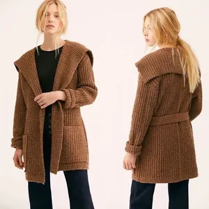 Free People Taffy Brown Waffle Knit Belted Cardigan Sweater Wool Alpaca Medium thumbnail 2