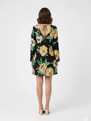 FARM Rio Long Bell Sleeve Mini Dress with Low Tie Back in Tropical Floral Print thumbnail 2
