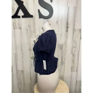 Kirious Los Angeles XS Navy Blue Pinstripe Tie-Front Peplum Top Puff Sleeve thumbnail 2