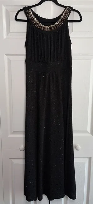 Haani Jeweled Neckline Maxi Dress Womens Size M Black Gold Glitter‎ Formal Knit thumbnail 1