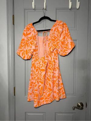 Sanctuary Neon Orange & Light Pink Leaf-Print Mini Dress thumbnail 4