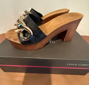 Vince Camuto Black Leather Chain-Trim Platform Mule thumbnail 1
