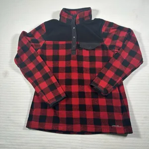 Eddie Bauer Women’s Medium Red Black Buffalo Plaid Fleece Pullover Snap Neck thumbnail 1