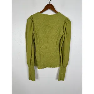 Anthropologie Smocked Puff Sleeve Top Chartreuse Green Textured Blouse Small thumbnail 2