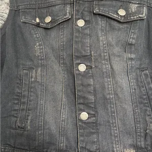 Free People distressed Black Jean Jacket with charcoal Sleeves thumbnail 2