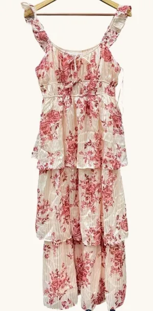 Altar'd State Floral Tiered Midi Dress Women's L Ivory Red Ruffle NWT thumbnail 1