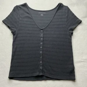 American Eagle Womens Large Dark Gray Ribbed Short Sleeve Button Front Top thumbnail 1
