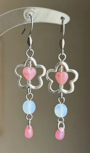 Handmade cute fairy flower Czech glass mix dangle earrings 🌸🤍 thumbnail 1