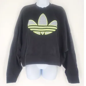 Adidas Trefoil Neon Gingham Logo Cropped Sweatshirt Black Women’s Size L thumbnail 2