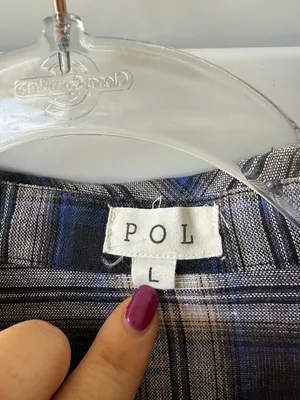 POL Women's Plaid Button-Up Blouse in Navy, Gray and Cream thumbnail 2