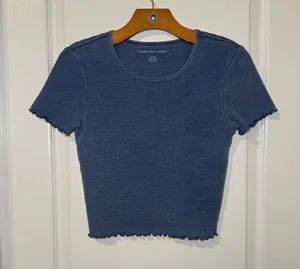 American Eagle Outfitters Women's Washed Blue Waffle Baby Tee Size Small EUC thumbnail 1